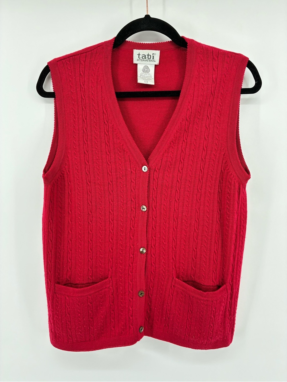 Tabi International 100% Wool Women’s Red Cable Knit Button-Front Sweater Vest